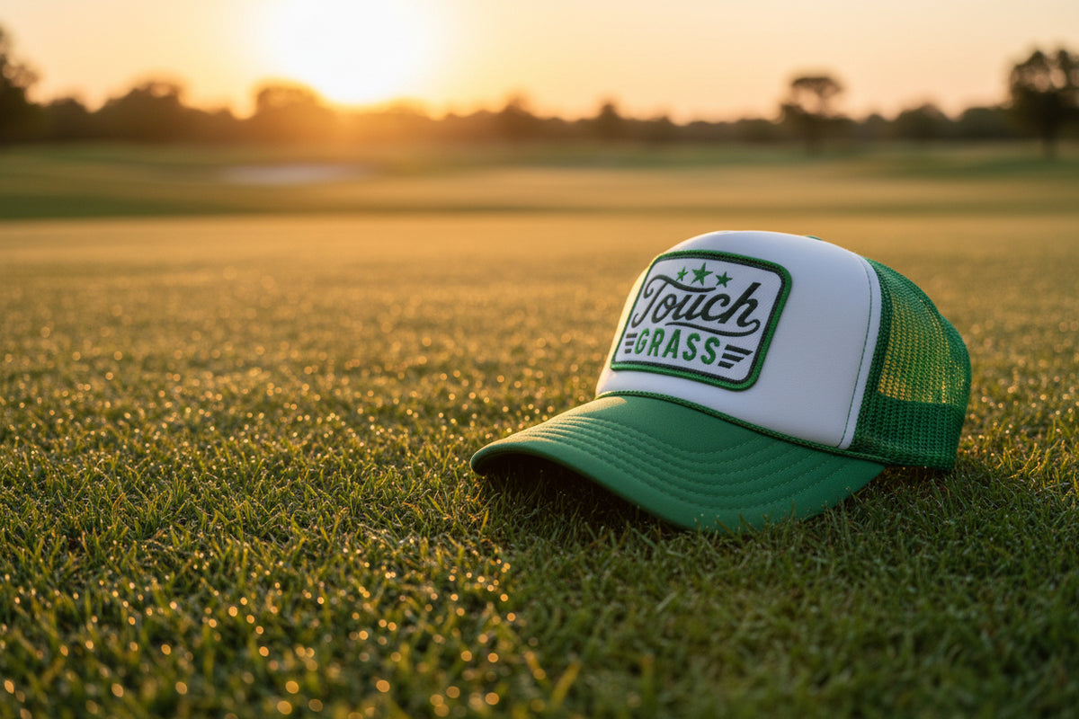 Touch Grass Trucker Hat side angle showing kelly green mesh back