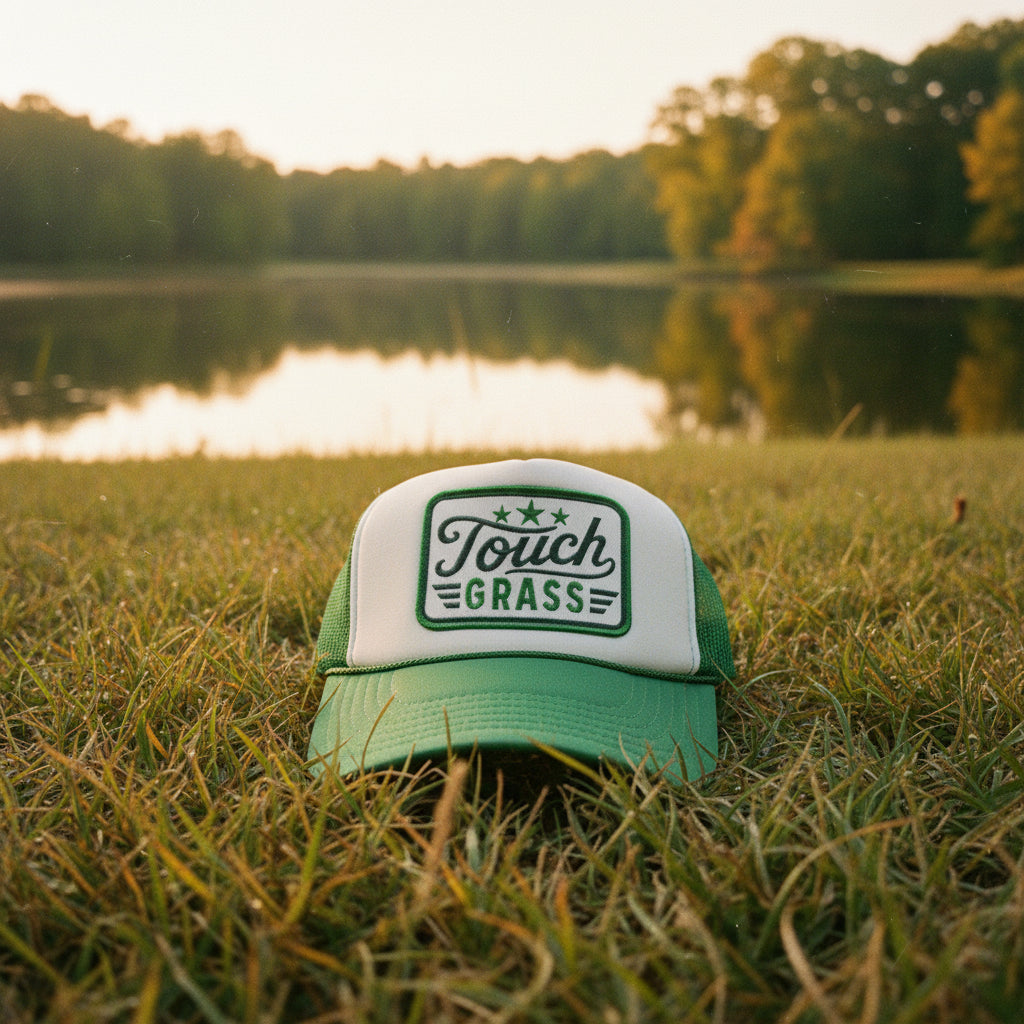 Touch Grass Trucker Hat front view with embroidered Touch Grass patch, green stars and wing detail on white foam front