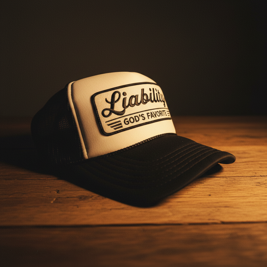 Liability Trucker Hat – Black & White Angle