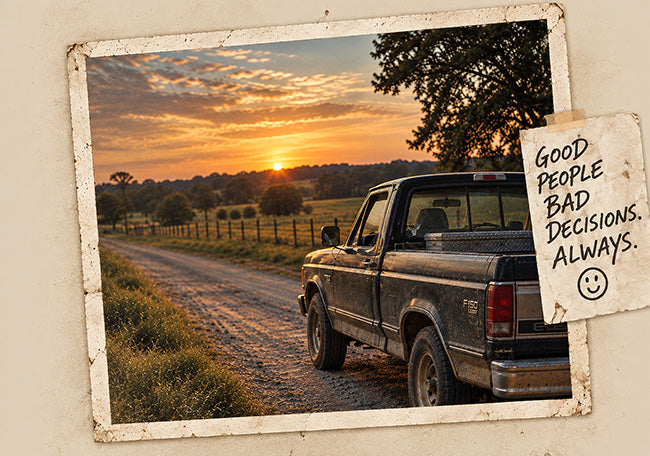 A vintage pickup in a roadside Polaroid